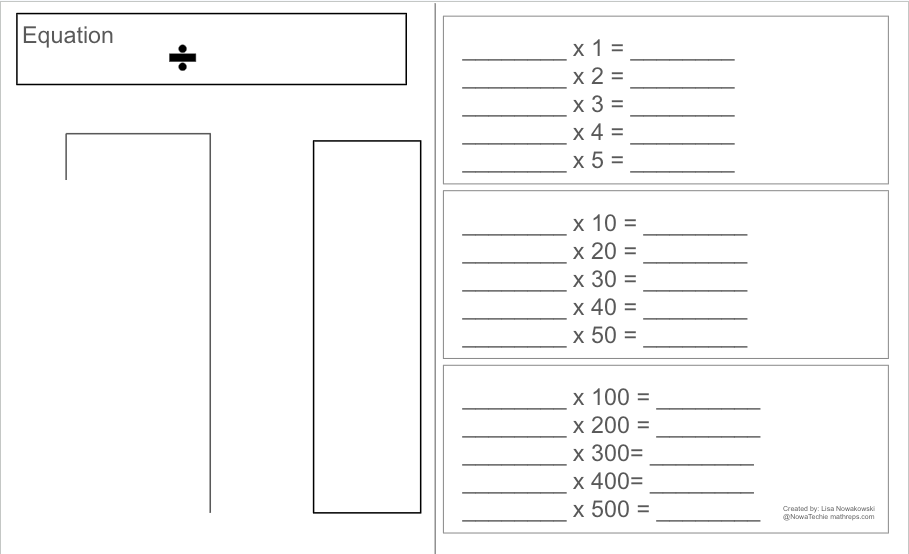 A math worksheet featuring a division symbol at the top, followed by blank equations for multiplication by 1 to 5, 10 to 50, and 100 to 500, structured for student practice.
